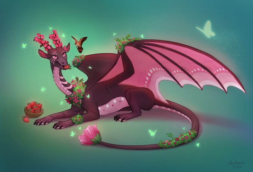 Дракон в цветах лежит на лугу Цветочный дракон