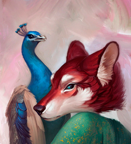 Антро пушистик держит павлина в лапах Фурри лис с павлином