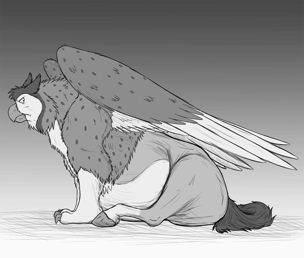 Серьезный гиппогриф сидит на полу Сидящий гиппогриф