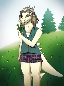 Динозавр на холме среди цветов.