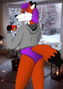 Лисица Фиона пьет кофе