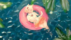 Милая кошкодевочка купается в бассейне