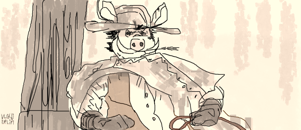 свинья кабан ковбой водяной знак дерево простой задний фон монохромный рисунок диджитал антро