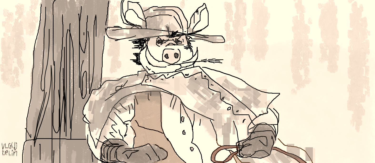 свинья кабан ковбой водяной знак дерево простой задний фон монохромный рисунок диджитал антро