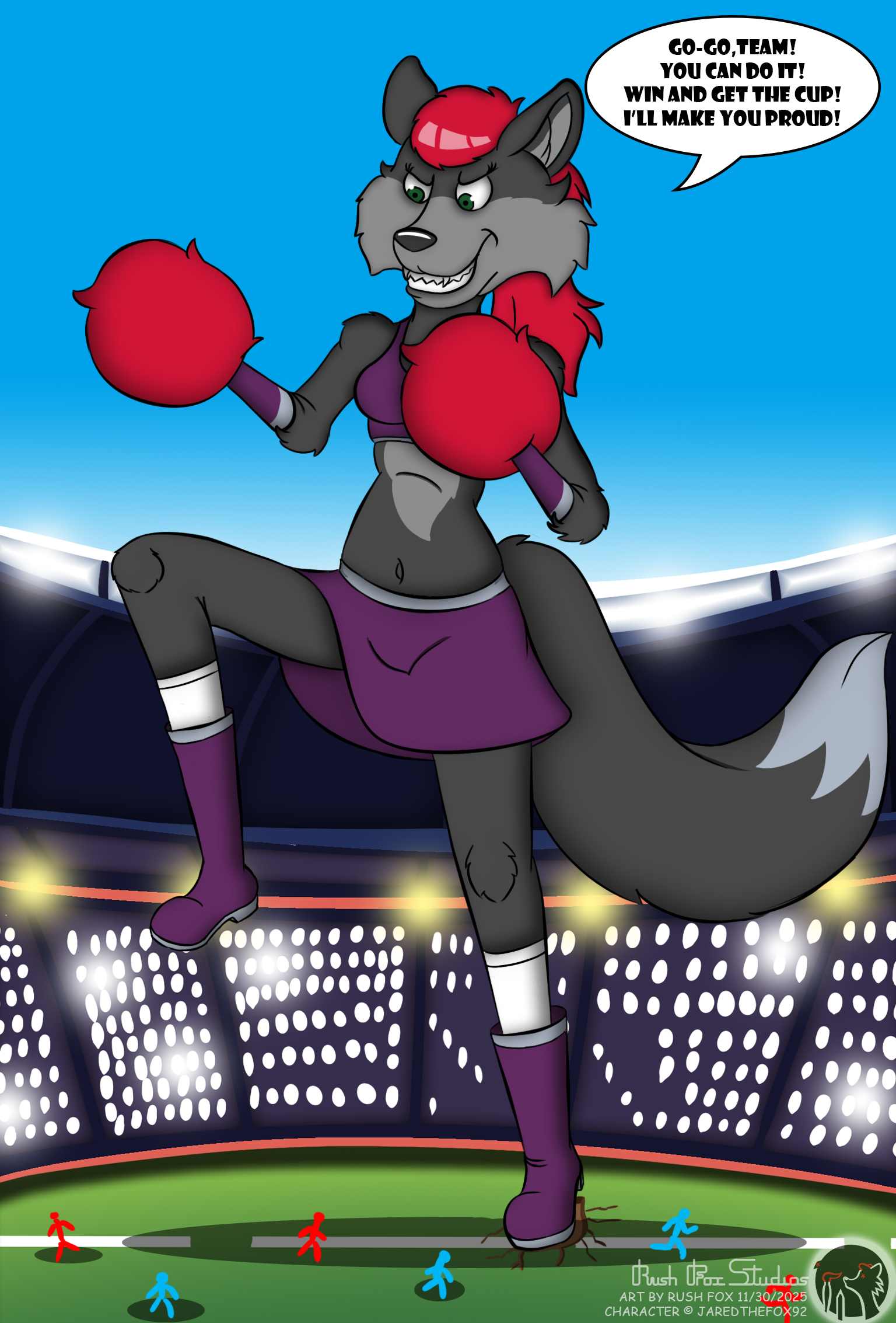 пушистый фурри фурриарт мультяшный арт мультяшный гигант великанша злодейка лиса леди девушка сцилла чирлидер американский футбол стадион бюстгальтер ноги сексуальный арт-трейд РашФоксСтудио